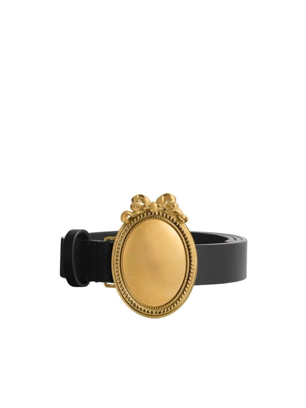 Vintage Black Leather Belt with Gold Oval Bow Buckle